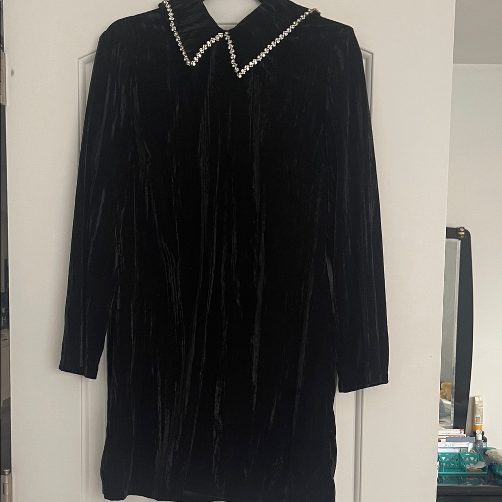 Black Velvet Dress with Studded Collar